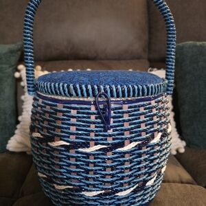 Blue and Pink Woven Basket Bag